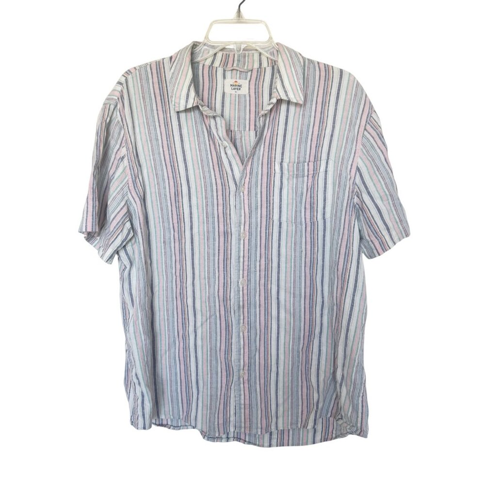 Marine Layer Striped Button-Up Short Sleeve Shirt M/L Hemp & Tencel Blend